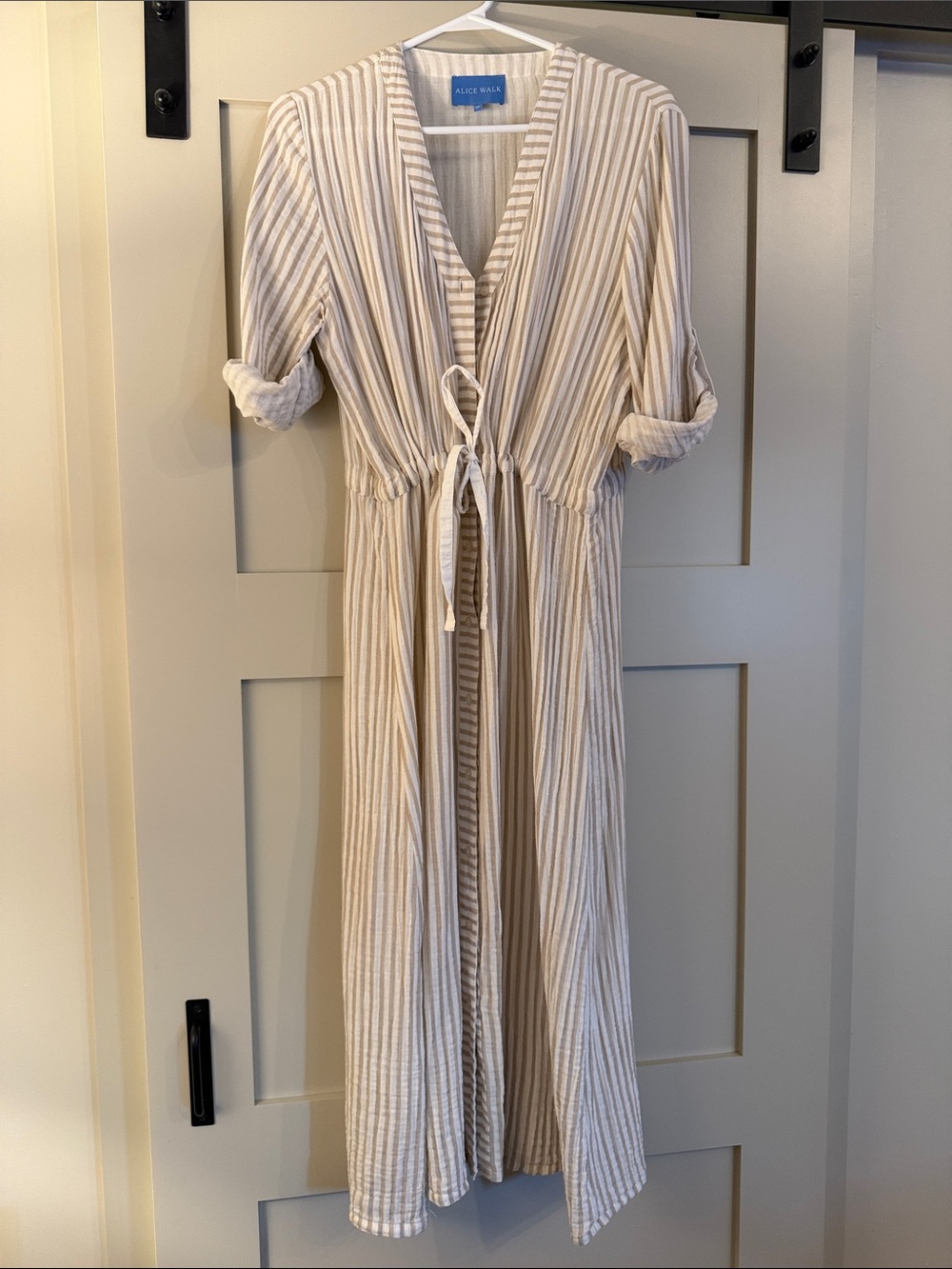Alice Walk Beige & White Striped Maxi Dress with Drawstring Waist